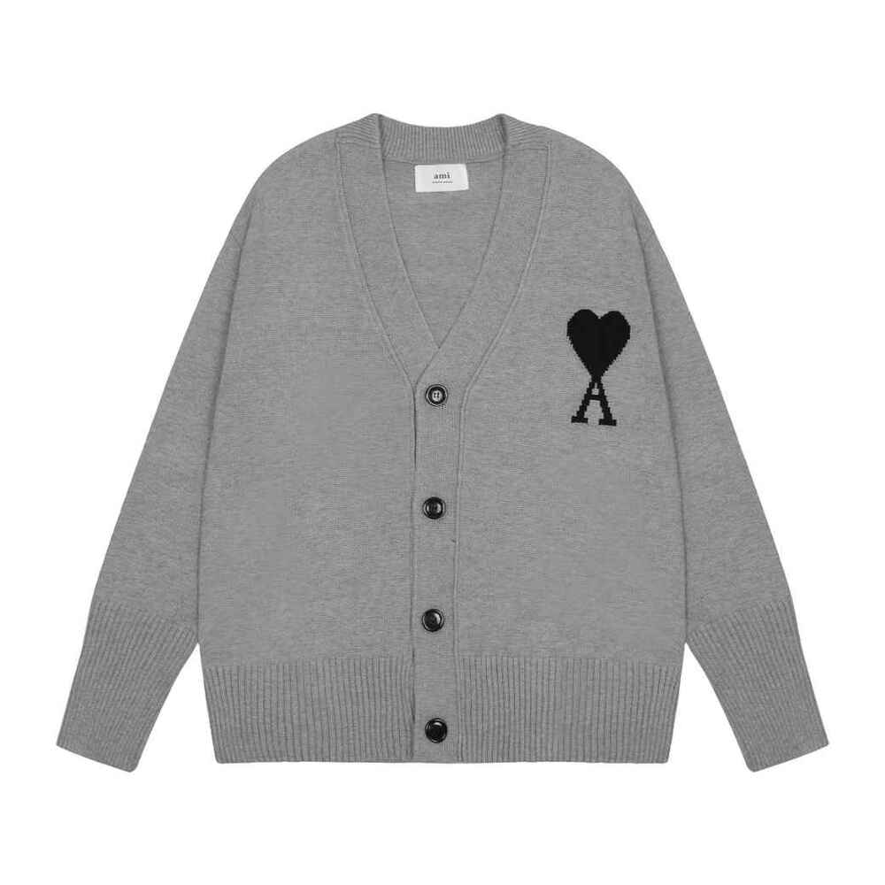 AMI Paris Grey Unisex Heart‑A Logo Knit Cardigan